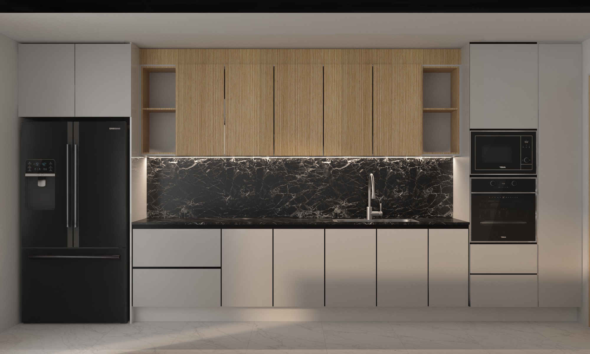 render cocina blanco y roble americano
